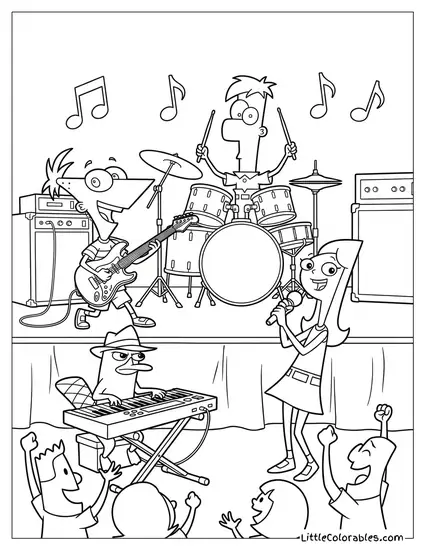 Phineas and Ferb in a Rock Band Coloring Page