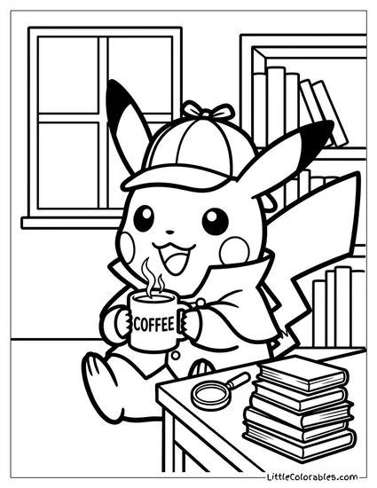 Pikachu Dressed as Detective Pikachu Drinking Coffee Coloring Page