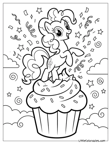 Pinkie Pie Bursting Out of the Top of a Giant Simple Cupcake My Little Pony Coloring Page