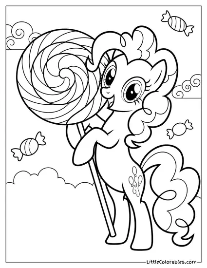 Pinkie Pie Hugging a Comically Large Swirly Lollipop My Little Pony Coloring Page