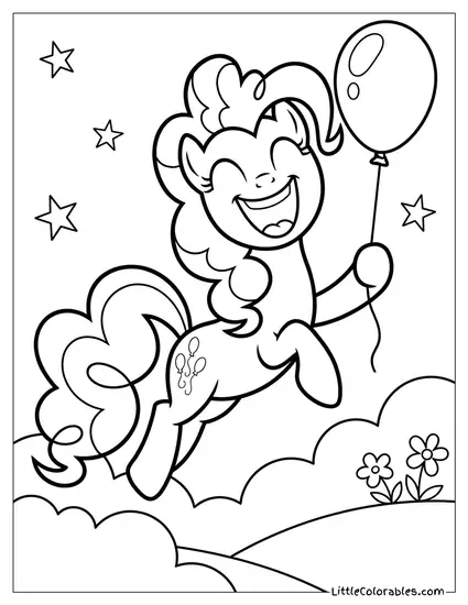 Pinkie Pie Mid-Bounce in the Air with a Huge Joyful Smile Holding a Single Balloon My Little Pony Coloring Page