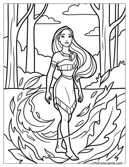 Pocahontas Standing in the Wind with Leaves Coloring Page