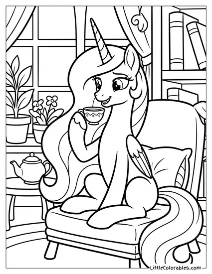 Princess Celestia Sitting Casually Sipping Tea from a Delicate Teacup My Little Pony Coloring Page