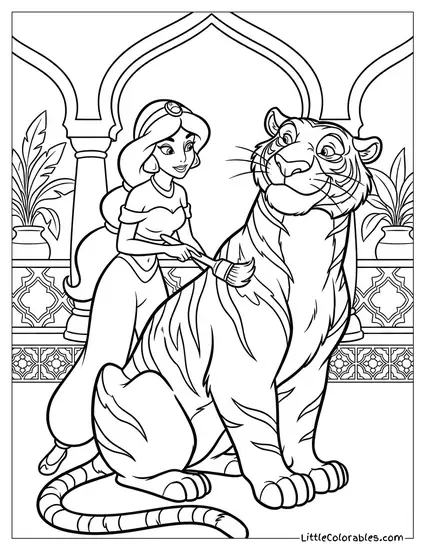 Princess Jasmine Brushing Rajah the Tiger's Fur Coloring Page
