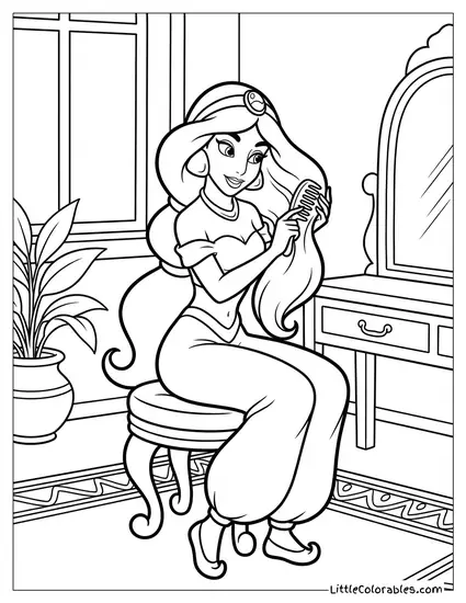 Princess Jasmine Combing Her Long Hair Coloring Page