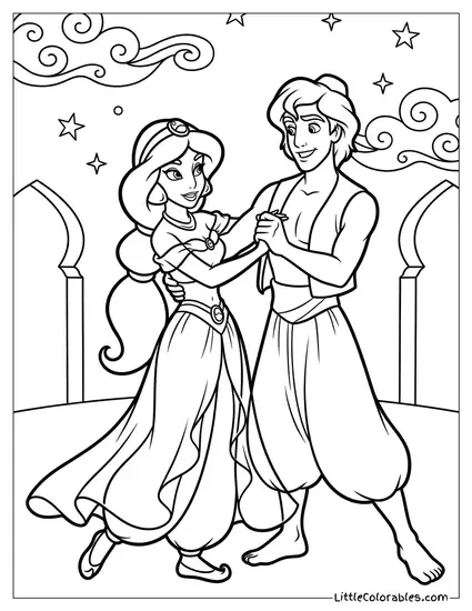 Princess Jasmine Dancing with Aladdin Coloring Page