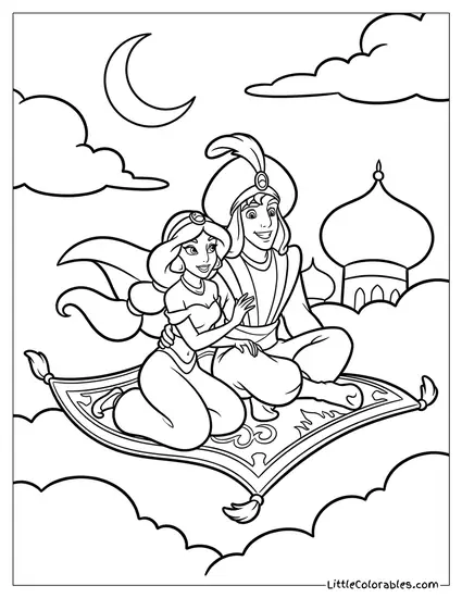 Princess Jasmine Flying with Aladdin and Carpet Coloring Page