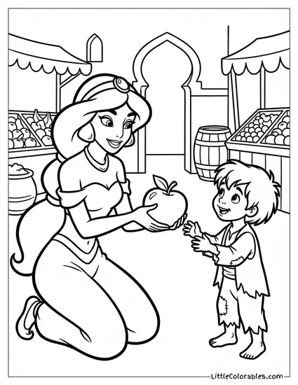 Princess Jasmine Giving an Apple to a Hungry Child Coloring Page