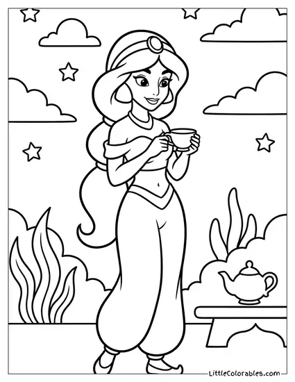 Princess Jasmine Holding a Cup of Tea Coloring Page