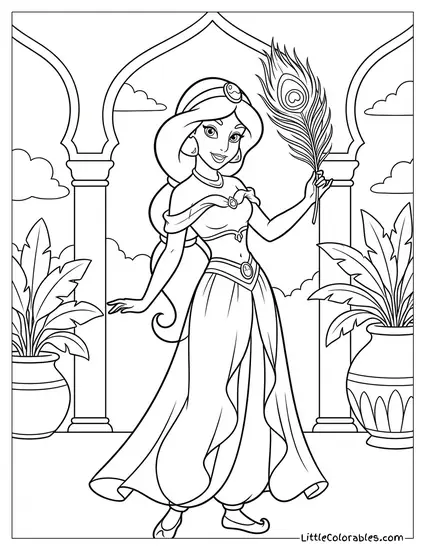 Princess Jasmine Holding a Peacock Feather Coloring Page