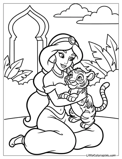 Princess Jasmine Holding a Tiger Cub Coloring Page