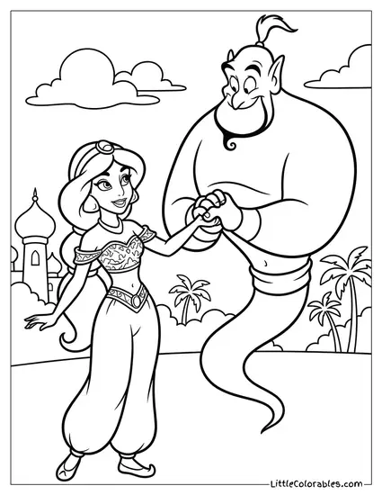 Princess Jasmine Holding Genie's Hand Coloring Page