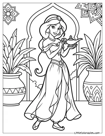 Princess Jasmine Holding the Magic Lamp Coloring Page