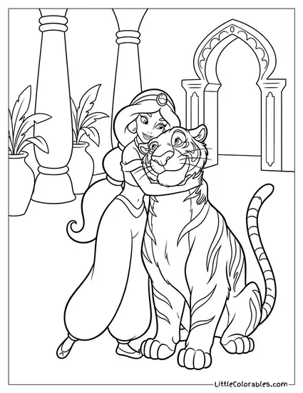 Princess Jasmine Hugging Rajah Tightly Coloring Page