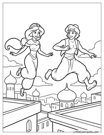 Princess Jasmine Jumping Across Rooftops with Aladdin Coloring Page