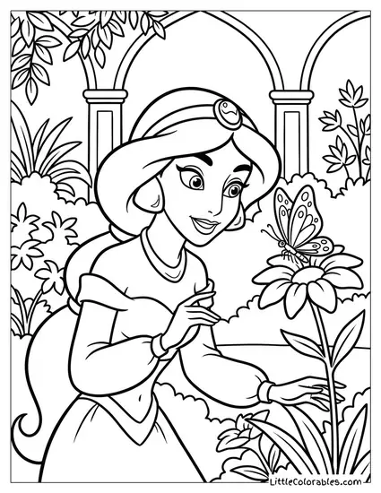 Princess Jasmine Looking at a Butterfly Coloring Page