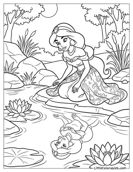 Princess Jasmine Looking at Her Reflection in the Water Coloring Page