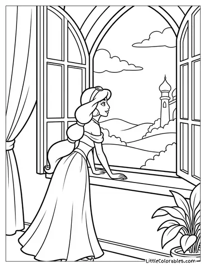 Princess Jasmine Looking Out a Window Coloring Page