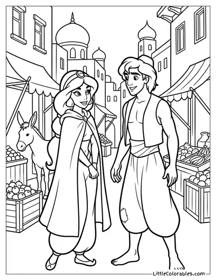 Princess Jasmine Meeting Aladdin in the Street Coloring Page