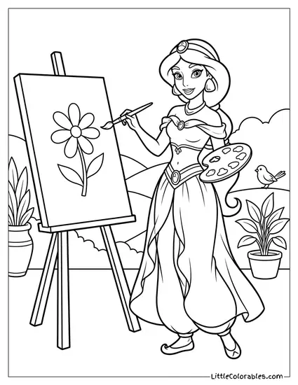 Princess Jasmine Painting a Picture Coloring Page
