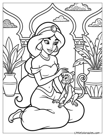 Princess Jasmine Petting Abu the Monkey Coloring Page