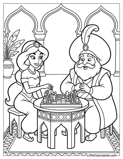 Princess Jasmine Playing Chess with the Sultan Coloring Page