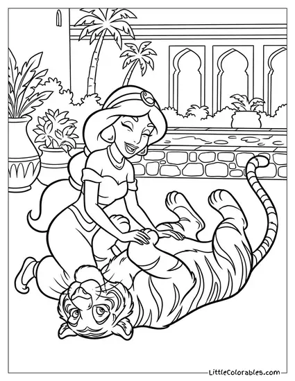 Princess Jasmine Playing with Rajah Coloring Page
