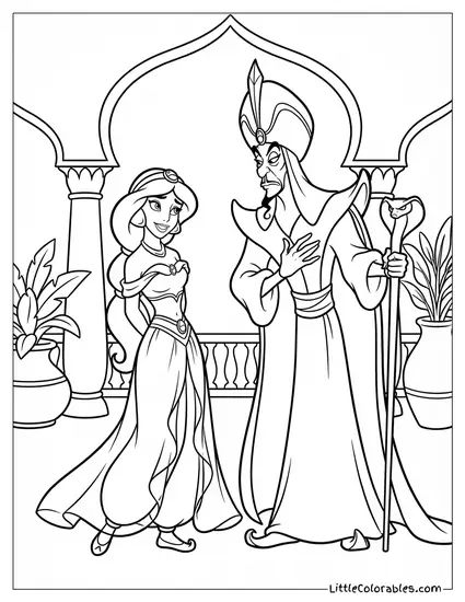 Princess Jasmine Pretending to be in Love with Jafar Coloring Page