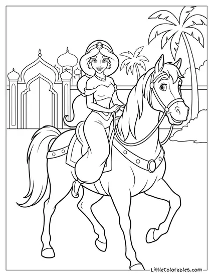 Princess Jasmine Riding a Horse Coloring Page