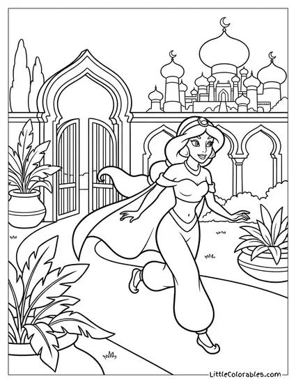 Princess Jasmine Running Away from the Palace Coloring Page
