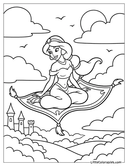 Princess Jasmine Seeing the World from the Sky Coloring Page