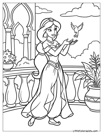Princess Jasmine Setting a Bird Free Coloring Page