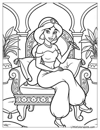 Princess Jasmine Sitting on a Throne Coloring Page