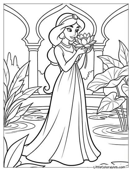 Princess Jasmine Smelling a Lotus Flower Coloring Page