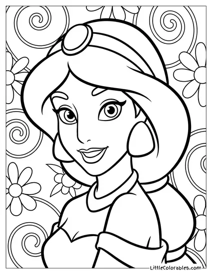 Princess Jasmine Smiling Close-Up Portrait Coloring Page