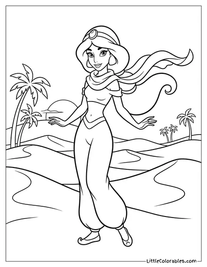 Princess Jasmine Standing in the Desert Wind Coloring Page