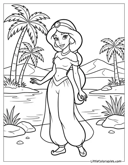 Princess Jasmine Standing Near an Oasis Coloring Page