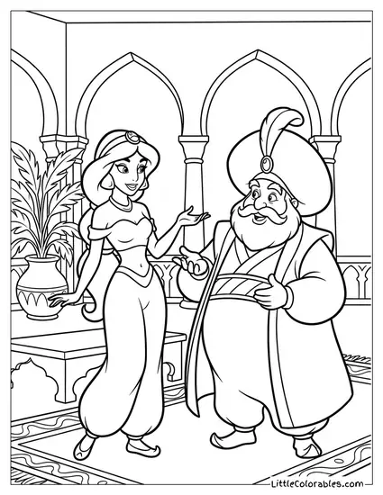 Princess Jasmine Talking to Her Father the Sultan Coloring Page