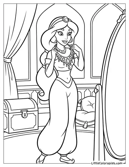 Princess Jasmine Trying on a Necklace Coloring Page