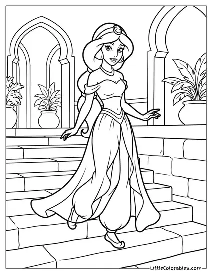 Princess Jasmine Walking Down the Palace Stairs Coloring Page