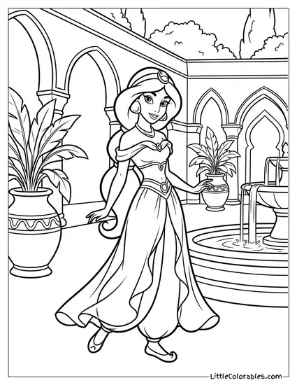 Princess Jasmine Walking in the Palace Gardens Coloring Page