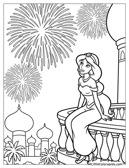 Princess Jasmine Watching Fireworks Coloring Page