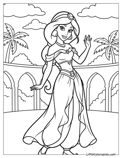 Princess Jasmine Waving Goodbye Coloring Page
