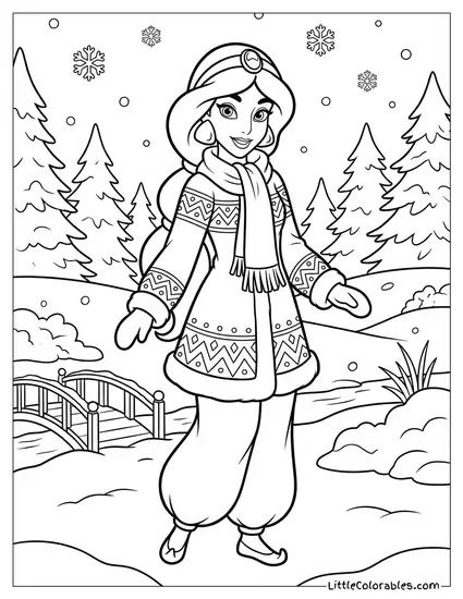 Princess Jasmine Wearing a Winter Outfit Coloring Page