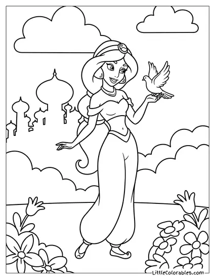 Princess Jasmine with a Dove Coloring Page