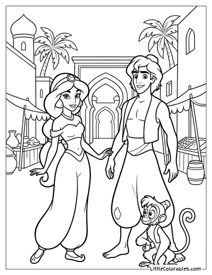 Princess Jasmine with Aladdin and Abu Coloring Page