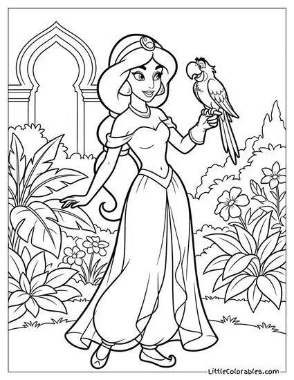 Princess Jasmine with Iago the Parrot Coloring Page