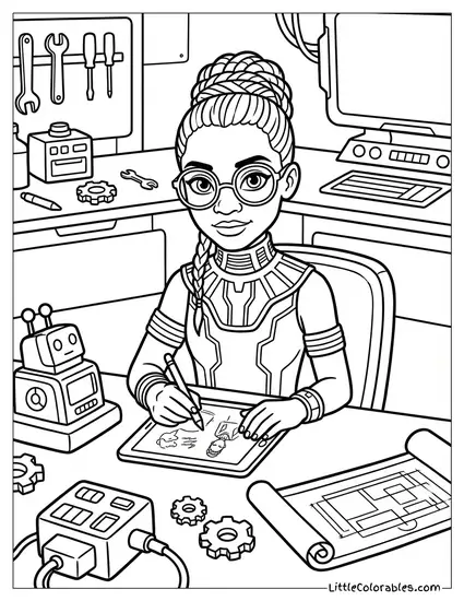 Princess Shuri Designing New Tech Coloring Page