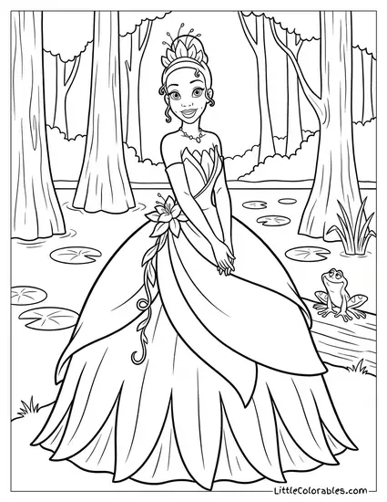 Princess Tiana Wearing Her Green Bayou Dress Coloring Page