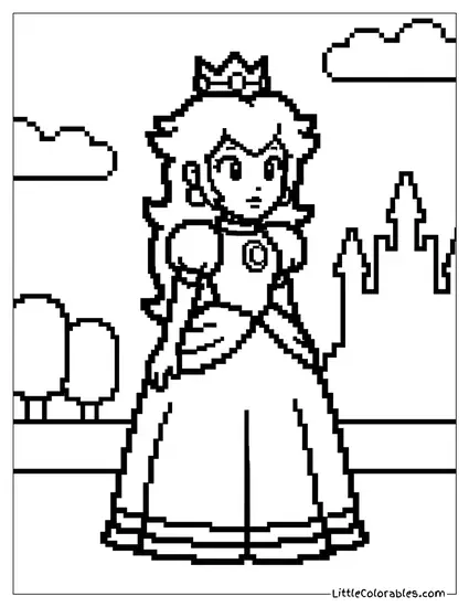 Princess Toadstool Classic Pixel Art Style Coloring Page